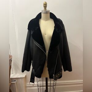 Black Faux Shearling Oversized PU Coat